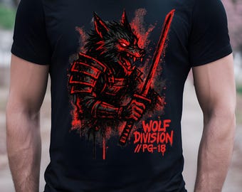 Samurai Wolf Warrior T-Shirt | Anime Werewolf, Sword Art, Red Black Graphic Tee
