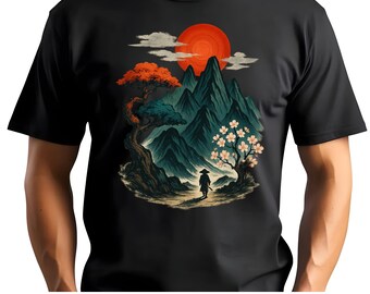 Japanische Bergszene T-Shirt, Vintage Outdoor Shirt, Naturliebhaber Geschenk