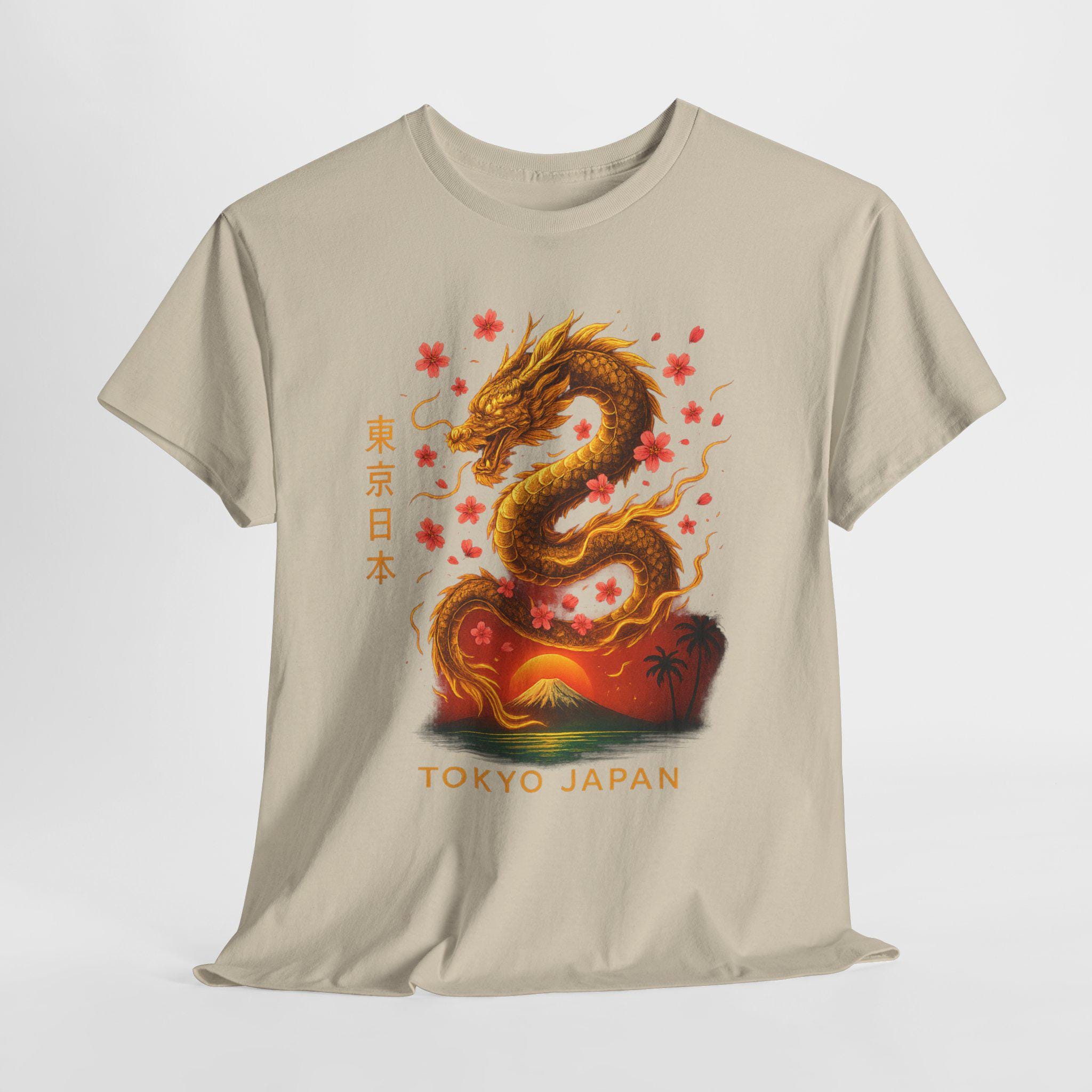 東京ジャパンドラゴングラフィックTシャツ、アジアンアートシャツ 
