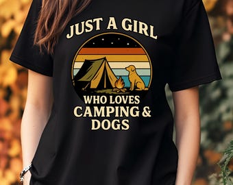 Camiseta gráfica de camping y perros, camiseta de aventura al aire libre