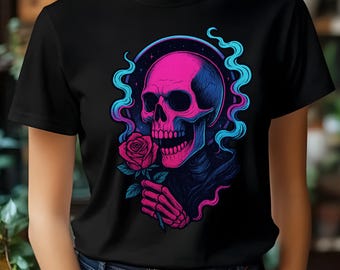 Neon Skull with Rose Tee | Gothic Skull Graphic T-Shirt