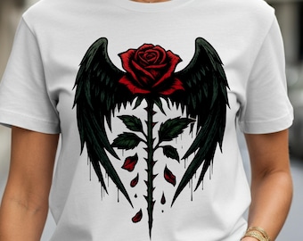 Gothic Rose T-Shirt | Wings and Floral Illustration