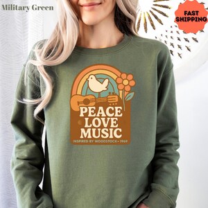 Peace Love Music sweatshirt, Woodstock 1969 Inspired Tee, Retro Hippie Graphic Tee, Gildan 18000 sweatshirt, Vintage Music Festival Gift image 4