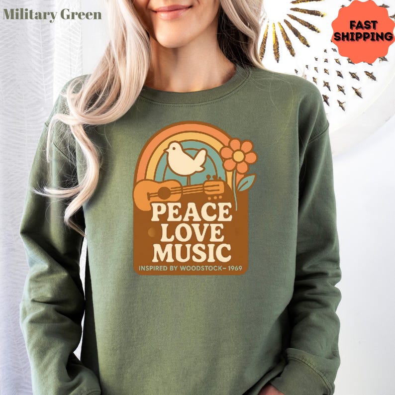 Peace Love Music sweatshirt, Woodstock 1969 Inspired Tee, Retro Hippie Graphic Tee, Gildan 18000 sweatshirt, Vintage Music Festival Gift image 4