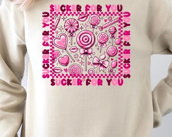 Sucker For You Sweatshirt,Retro Valentines Hoodie, Teacher Valentine gift, Mom Heart Shirt,Preppy Cute Heart Lollipop Top,Pink Candy Y2K Tee