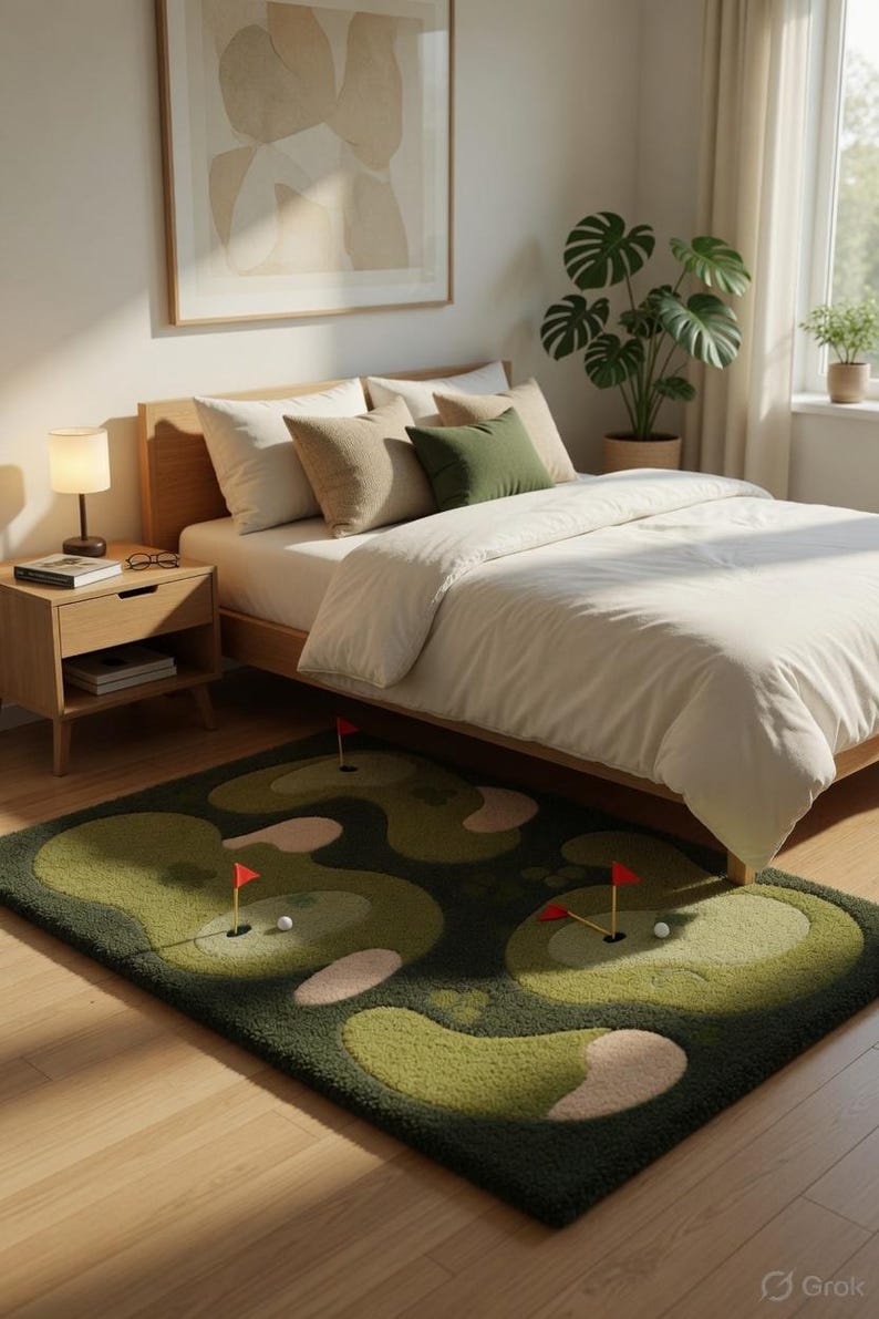 Neutral Color Golf Rug Hand Tufted Wool Golf Course Area Rug, Putting Greens, Sports Theme ...