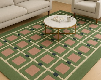 Handgetuft wollen vloerkleed, geometrisch groen raster, modern design uit het midden van de eeuw