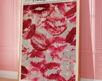 Vintage Red Lips Signature Newspaper Poster, Vintage Newspaper Print, Funky Girly Wall Decor, Preppy Aesthetic Wall Art, Canvas Wall Decor