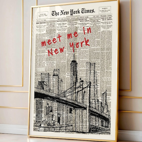 Retro Meet Me in New York Newspaper Print, New York City Art Print, Bar Cart Art, Typography Quote Print, Trendy Wall Art, NYC Digital Print