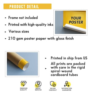 Puede incluir: Se muestra un p&oacute;ster enrollado con el texto "YOUR POSTER". La imagen tambi&eacute;n muestra detalles sobre el producto, incluyendo tintas de alta calidad, varios tama&ntilde;os y papel de p&oacute;ster de 210 g/m&sup2; con acabado brillante. Las impresiones se embalan en tubos de cart&oacute;n r&iacute;gidos en espiral.