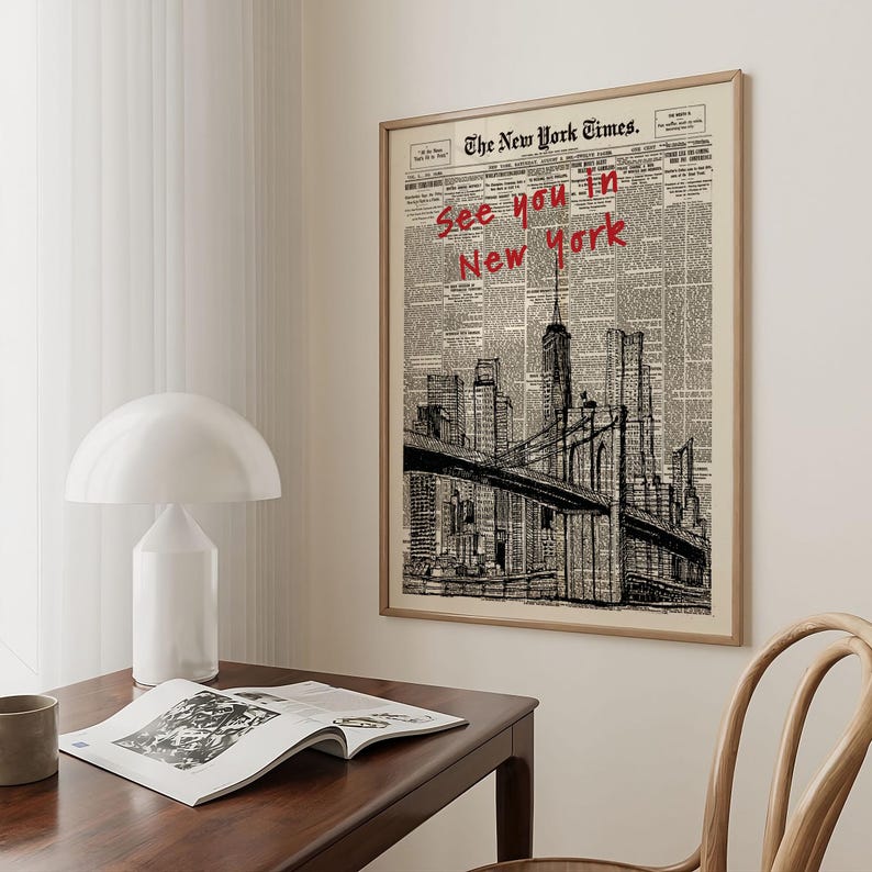 Custom Retro New York Newspaper Print, New York City Art Print, Bar Cart Art, Typography Quote Print, Trendy Wall Art, NYC Digital Print