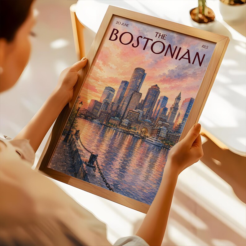 Vintage The Bostonian Print, Retro Boston Sunset Cityscape Art, Watercolor Boston City Wall Art for Dorm & Bedroom