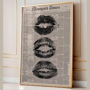 Trendy Black Kiss Lips Newspaper Poster, Vintage Black And White Wall Art, Retro Aesthetic Print, Canvas Wall Hanging, Girly Wall Decor