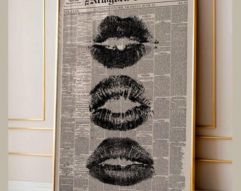 Trendy Black Kiss Lips Newspaper Poster, Vintage Black And White Wall Art, Retro Aesthetic Print, Canvas Wall Hanging, Girly Wall Decor