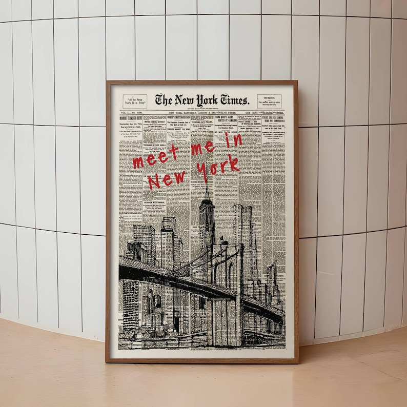 Retro Meet Me in New York Newspaper Print, New York City Art Print, Bar Cart Art, Typography Quote Print, Trendy Wall Art, NYC Digital Print
