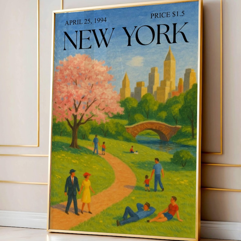 May include: Framed art print of a New York City scene from April 25, 1994. The artwork depicts a park with a path, bridge, and cityscape in the background. A large pink flowering tree is on the left, and people are enjoying the park.