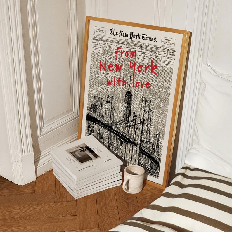 Custom Retro New York Newspaper Print, New York City Art Print, Bar Cart Art, Typography Quote Print, Trendy Wall Art, NYC Digital Print