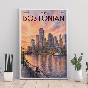 Vintage The Bostonian Print, Retro Boston Sunset Cityscape Art, Watercolor Boston City Wall Art for Dorm & Bedroom