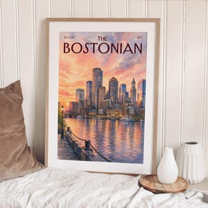 Vintage The Bostonian Print, Retro Boston Sunset Cityscape Art, Watercolor Boston City Wall Art for Dorm & Bedroom