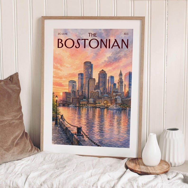 Vintage The Bostonian Print, Retro Boston Sunset Cityscape Art, Watercolor Boston City Wall Art for Dorm & Bedroom