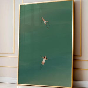 Couple Floating in Water Poster, Serene Ocean Wall Art, Minimalist Summer Print, Peaceful Beach Decor, Abstract Lake Art