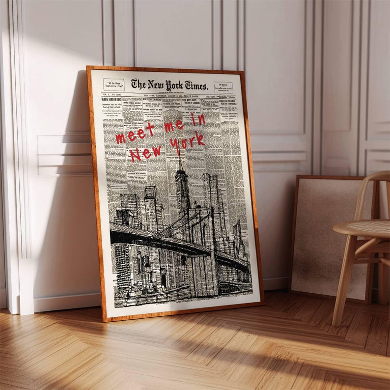 Retro Meet Me in New York Newspaper Print, New York City Art Print, Bar Cart Art, Typography Quote Print, Trendy Wall Art, NYC Digital Print