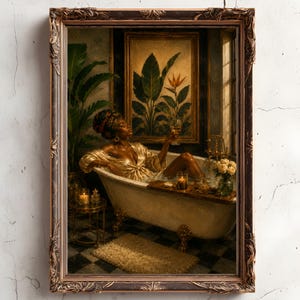 May include: A framed artwork showing a woman relaxing in a bathtub, holding a glass of wine. The painting, in a vintage style, features a gold robe, candles, and flowers. The bathroom setting includes a rug and a framed botanical print.