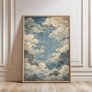May include: A vertical rectangular wall art print featuring a stylized sky filled with swirling, voluminous clouds in shades of cream, beige, and deep navy blue. The composition displays a textured, painterly aesthetic with layered cloud formations.