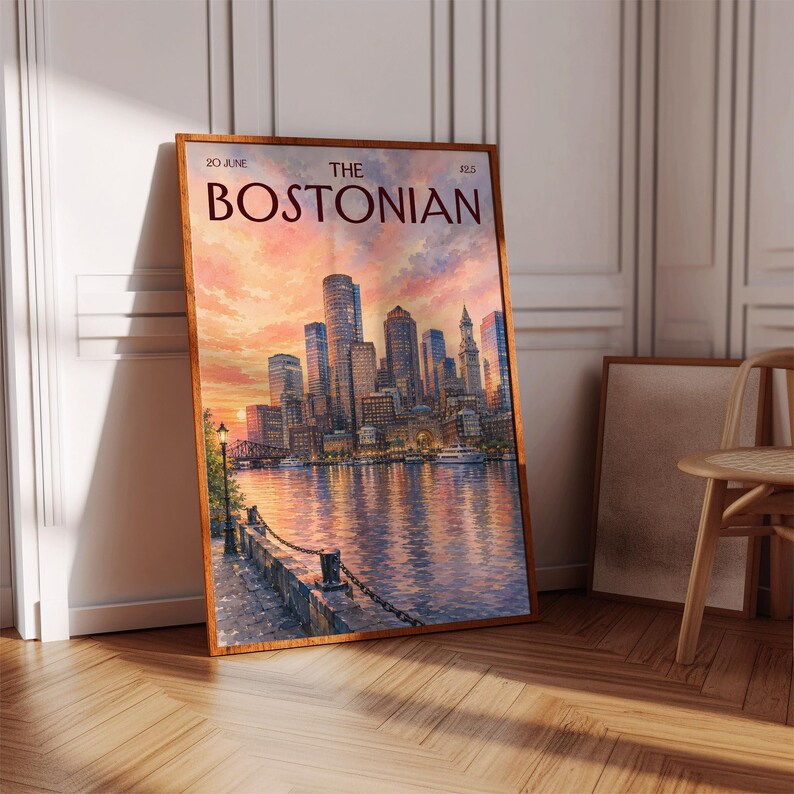 Vintage The Bostonian Print, Retro Boston Sunset Cityscape Art, Watercolor Boston City Wall Art for Dorm & Bedroom