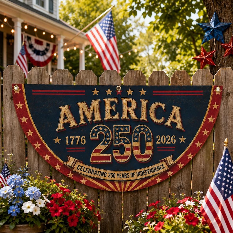 May include: A wooden sign with a patriotic theme, featuring the word "AMERICA" in gold lettering above the number "250" and the years "1776" and "2026". The sign is decorated with stars and stripes, celebrating 250 years of independence.