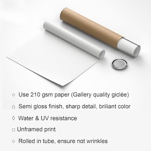 May include: A white, unframed print with a semi-gloss finish, rolled in a brown tube. The print is made with 210 gsm paper and is water and UV resistant. The image text says "Use 210 gsm paper (Gallery quality gicl&eacute;e)"