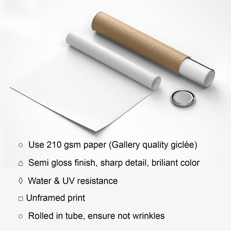 May include: A white, unframed print with a semi-gloss finish, rolled in a brown tube. The print is made with 210 gsm paper and is water and UV resistant. The image text says "Use 210 gsm paper (Gallery quality gicl&eacute;e)"