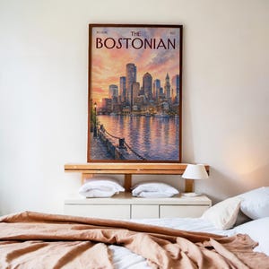 Vintage The Bostonian Print, Retro Boston Sunset Cityscape Art, Watercolor Boston City Wall Art for Dorm & Bedroom