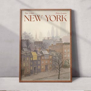May include: A framed vintage print depicting a snowy New York City scene. The artwork shows a street with brownstone buildings, bare trees, and falling snow. The text "NEW YORK" is at the top, with the date "Mar. 2, 1968".
