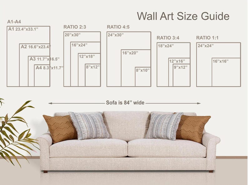 May include: Wall Art Size Guide graphic with various rectangular art print sizes, including A1-A4 and ratios 2:3, 4:5, 3:4, and 1:1. The sofa is 84 inches wide. The image includes a beige sofa with decorative pillows.