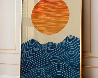 Minimalistische Meereswelle und Sonne Wandkunst, modernes abstraktes Meeresbild, Mid Century Küstenplakat, abstraktes Kunstwerk im japanischen Stil