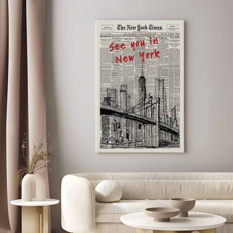 Custom Retro New York Newspaper Print, New York City Art Print, Bar Cart Art, Typography Quote Print, Trendy Wall Art, NYC Digital Print