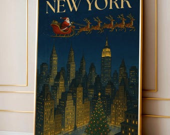 May include: A framed vintage New York Christmas poster. Santa Claus in a sleigh pulled by reindeer flies over a cityscape with a Christmas tree. The poster reads "NEW YORK" and "DEC. 10. 1955".