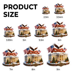 May include: A range of decorative ornaments depicting the White House, American flags, and an eagle emblem. Each ornament is labeled with its size in inches, ranging from 6.35 cm to 22.86 cm. The text on the ornaments reads "250 Years of The United States" and "1776-2026".