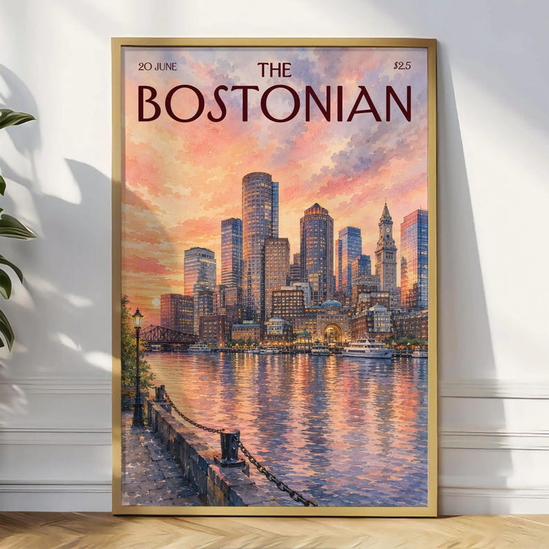 Vintage The Bostonian Print, Retro Boston Sunset Cityscape Art, Watercolor Boston City Wall Art for Dorm & Bedroom