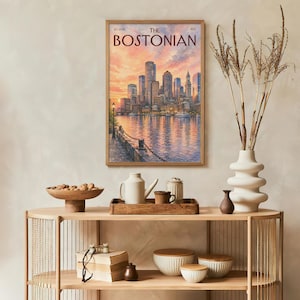 Vintage The Bostonian Print, Retro Boston Sunset Cityscape Art, Watercolor Boston City Wall Art for Dorm & Bedroom