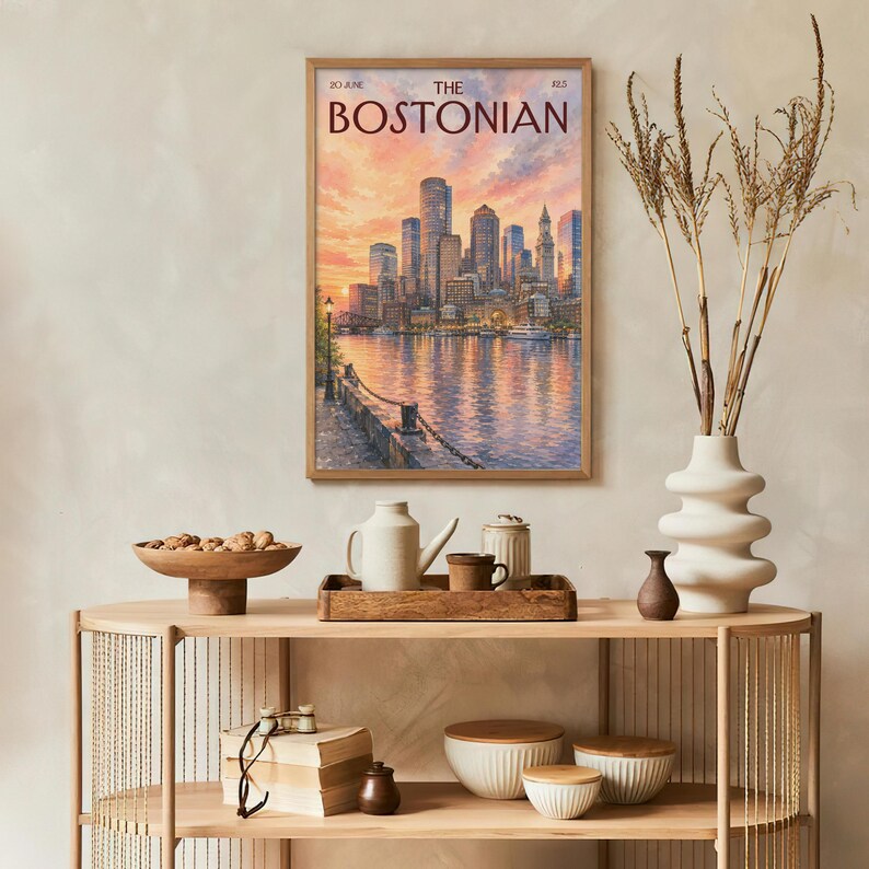 Vintage The Bostonian Print, Retro Boston Sunset Cityscape Art, Watercolor Boston City Wall Art for Dorm & Bedroom