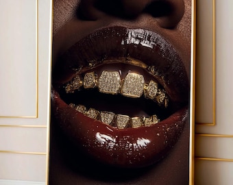 Decorazione murale con labbra di lusso Gold Grills, poster glamour con primi piani di moda, stampa estetica moderna e audace, decorazione chic per la casa o lo studio.
