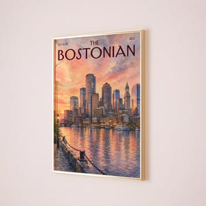 Vintage The Bostonian Print, Retro Boston Sunset Cityscape Art, Watercolor Boston City Wall Art for Dorm & Bedroom
