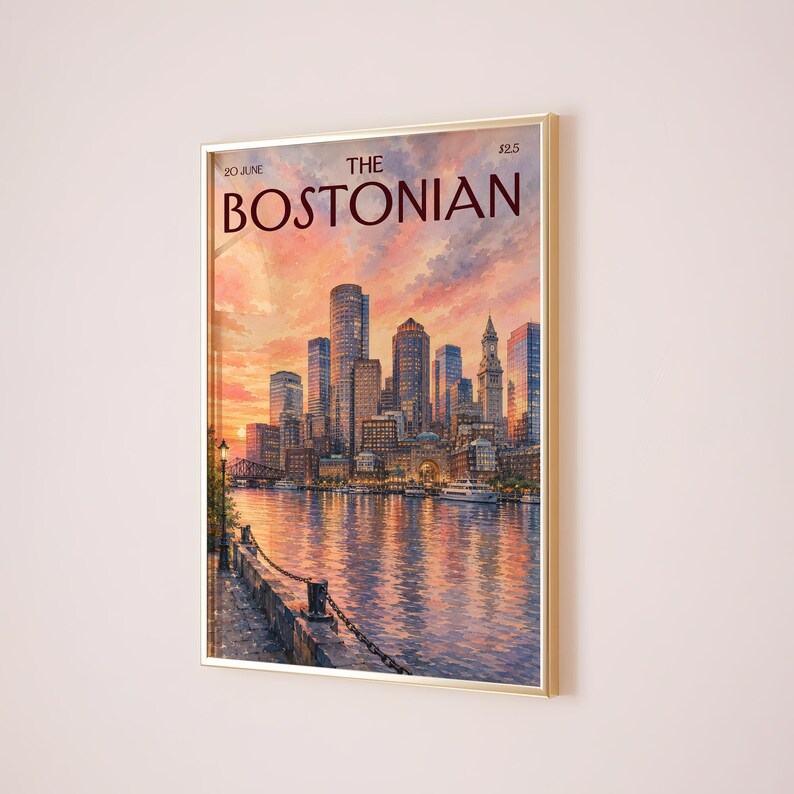 Vintage The Bostonian Print, Retro Boston Sunset Cityscape Art, Watercolor Boston City Wall Art for Dorm & Bedroom