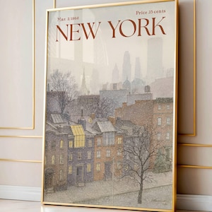 May include: A framed vintage print of New York City. The artwork shows a snowy street scene with brownstone buildings and the city skyline in the background. The print includes the text "NEW YORK" and the date "Mar. 2, 1968".