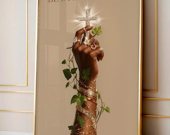 Moderne Retter Schwarze christliche Wandkunst, schwarze Frau botanischer Druck, auf Glauben basierender religiöser, eleganter Luxus Kunstdruck