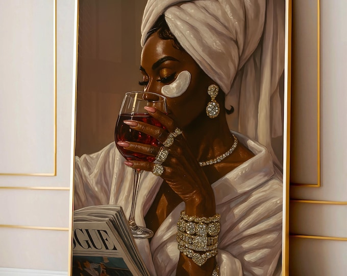 Luxury Black Woman Wall Art, Old Money Aesthetics, Stylish Black Woman Bathroom Wall Art Modern Fashionable Glamour Chic Illustration Decor