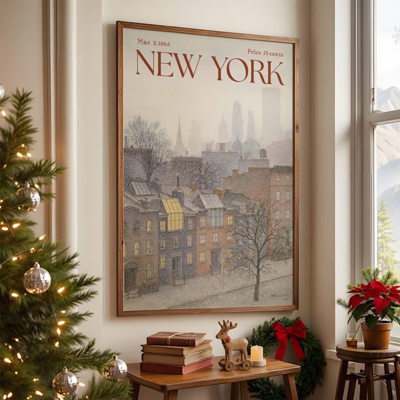 May include: A framed print of a New York magazine cover from March 2, 1968, showing a winter cityscape illustration. The artwork is in a wooden frame, with the title "NEW YORK" in red. The scene depicts buildings and a snowy atmosphere.