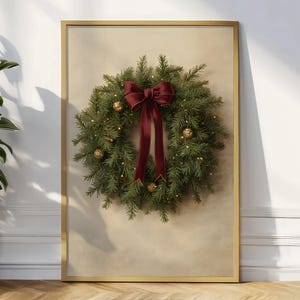 Burgundy Bow Christmas Wreath Wall Art Rustic Holiday Print Cozy Winter Greenery Decor Farmhouse Christmas Artwork
